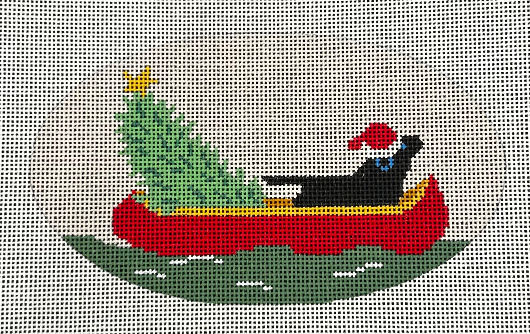 BLACK LAB IN CANOE WITH CHRISTMAS TREE – Stitch Boutique