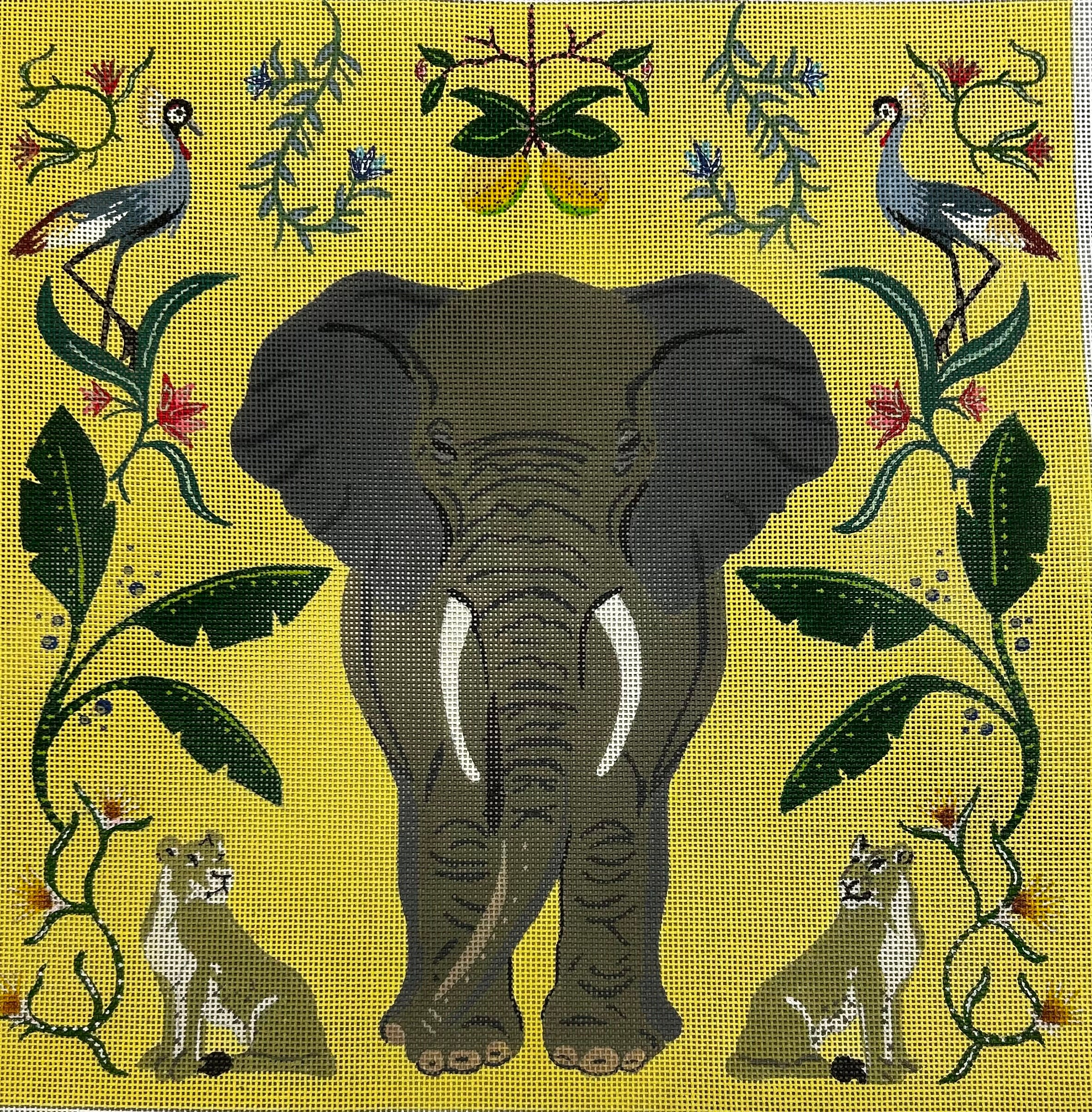 AT104 ELEPHANT W/ BOTANICALS - YELLOW BACKGROUND – Stitch Boutique