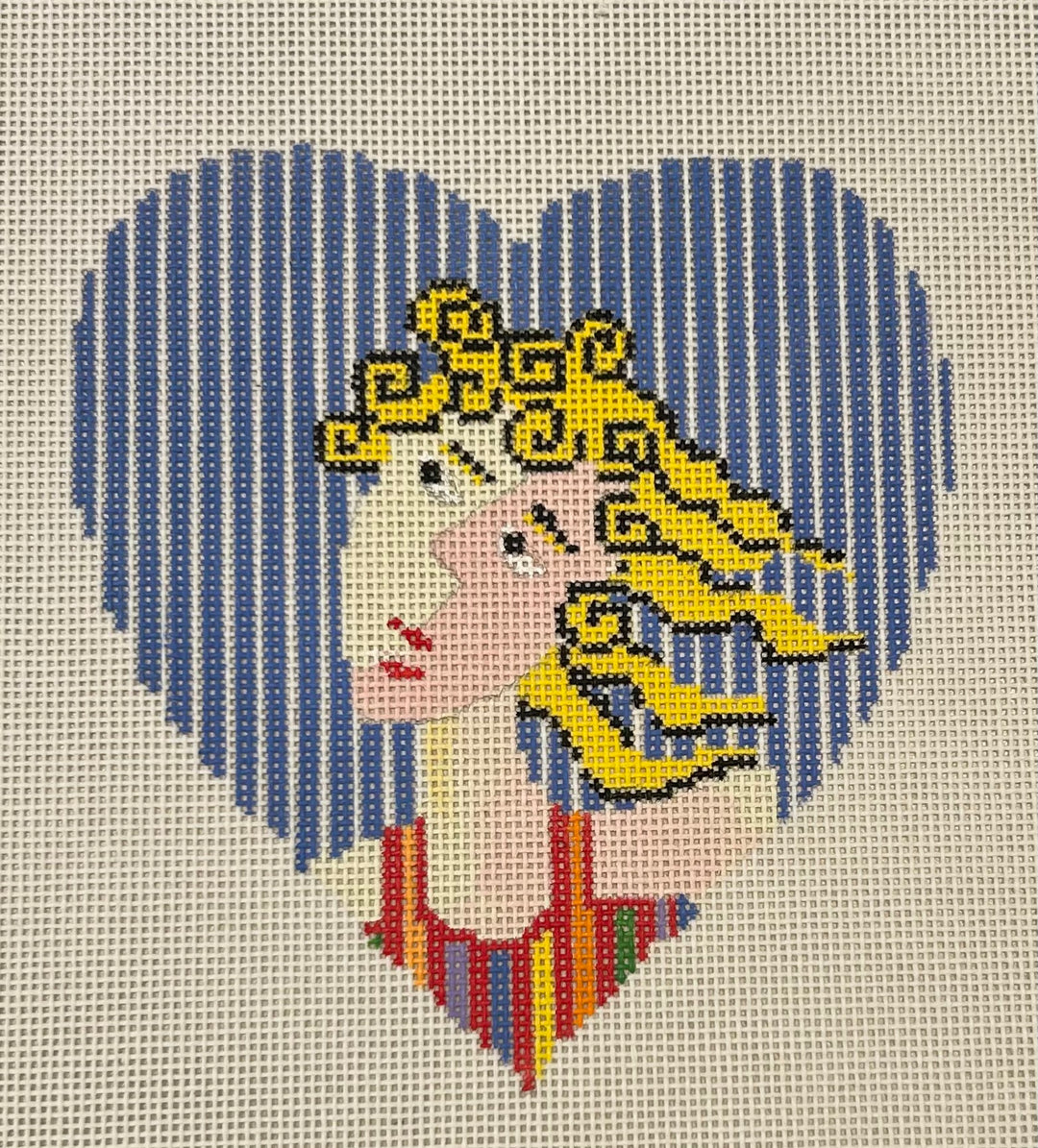 PM541 WOMAN WITH BLOND HAIR ON BLUE WHITE STIPED HEART BACKGROUND